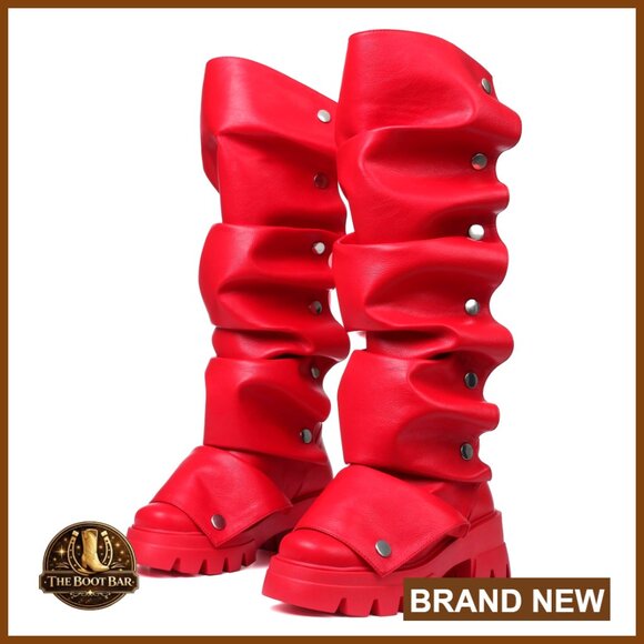 Platform Knee High Boots Fold Over Slouchy Ruched Pull On Leather Wide Calf